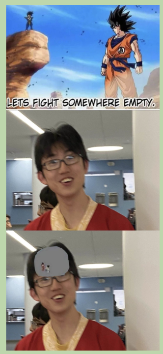 Meme template, 3 panel format. 
1st Panel
Goku and Vegeta staring at each other "Lets fight somewhere empty." captioned.
2nd Panel
Black haired man with glasses and a dumb smile.
3rd Panel
Goku and Vegeta drawn on the man's head, alluding to his head being empty.